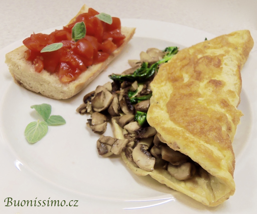 Plněná omeleta a bruschetta s cherry rajčaty